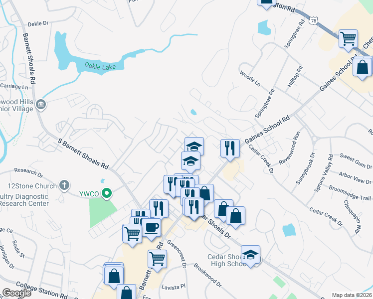 map of restaurants, bars, coffee shops, grocery stores, and more near 148 South Stratford Drive in Athens