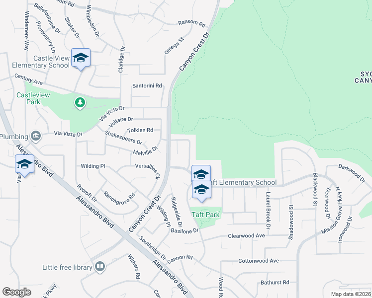 map of restaurants, bars, coffee shops, grocery stores, and more near 6561 Hemingway Drive in Riverside