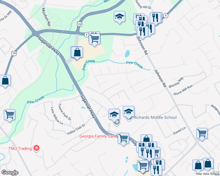map of restaurants, bars, coffee shops, grocery stores, and more near Flagler Court Southwest in Lawrenceville