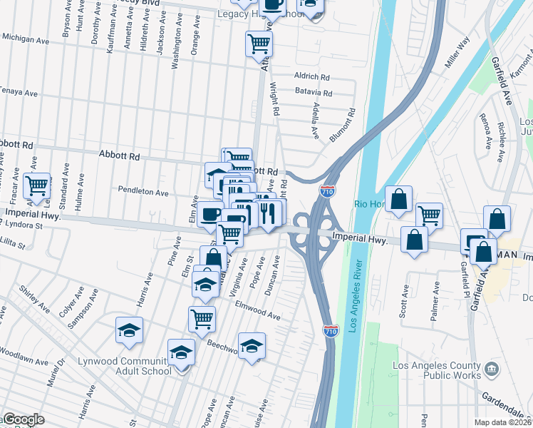 map of restaurants, bars, coffee shops, grocery stores, and more near 10814 Saint James Avenue in South Gate