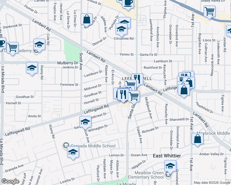 map of restaurants, bars, coffee shops, grocery stores, and more near 11202 El Arco Drive in Whittier