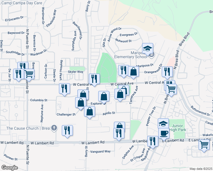 map of restaurants, bars, coffee shops, grocery stores, and more near 448 West Central Avenue in Brea