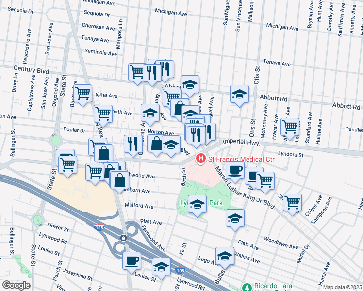 map of restaurants, bars, coffee shops, grocery stores, and more near 3615 East Imperial Highway in Lynwood