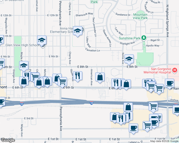 map of restaurants, bars, coffee shops, grocery stores, and more near 743 American Avenue in Beaumont