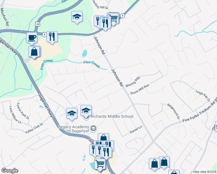 map of restaurants, bars, coffee shops, grocery stores, and more near 1240 Grayland Hills Dr in Lawrenceville