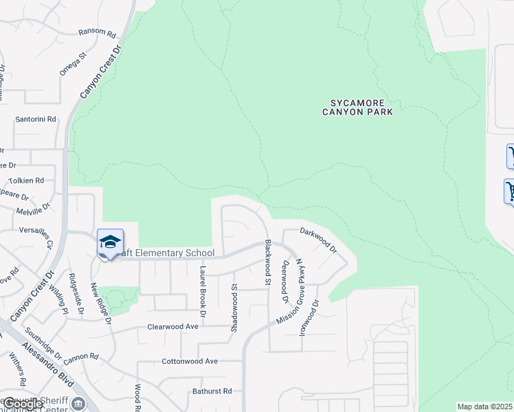 map of restaurants, bars, coffee shops, grocery stores, and more near 6564 Blackwood Street in Riverside