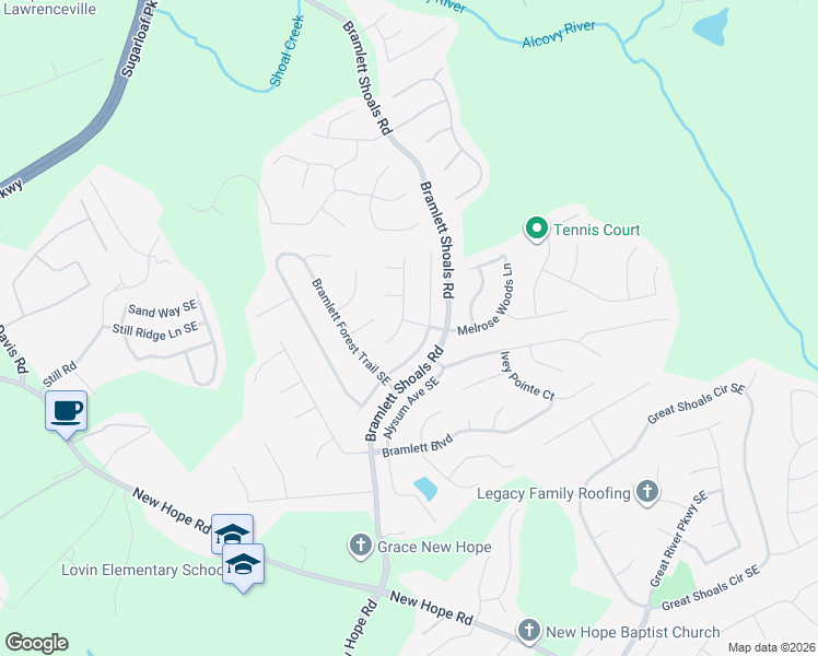 map of restaurants, bars, coffee shops, grocery stores, and more near 1324 Bramlett Creek Place Southeast in Lawrenceville