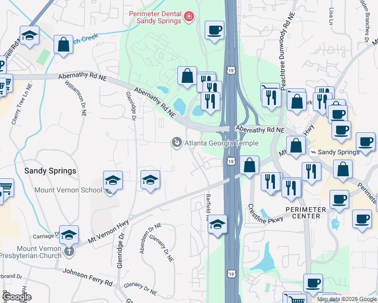 map of restaurants, bars, coffee shops, grocery stores, and more near 6450 Barfield Road in Sandy Springs
