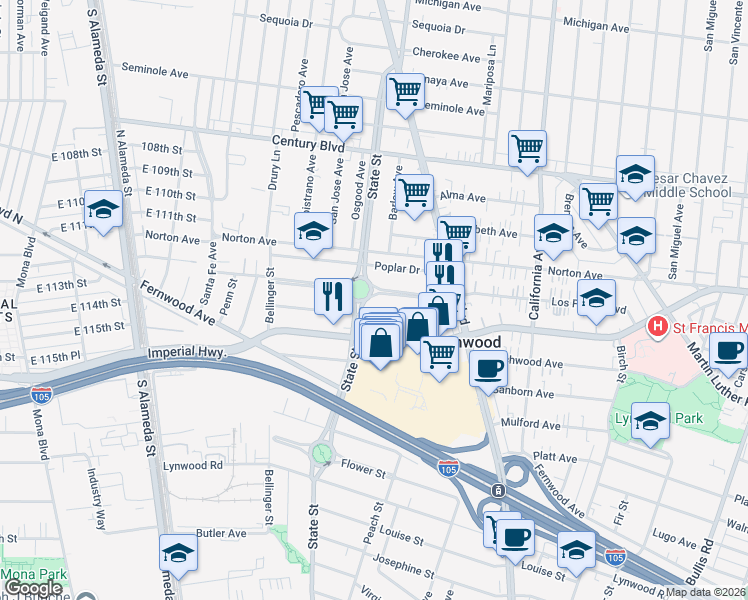 map of restaurants, bars, coffee shops, grocery stores, and more near 3100 Los Flores Boulevard in Lynwood