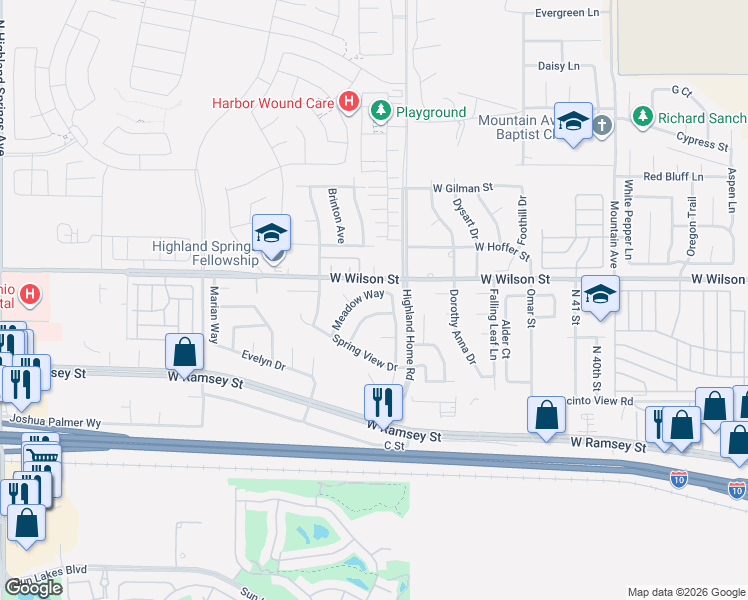 map of restaurants, bars, coffee shops, grocery stores, and more near 4936 Meadow Way in Banning