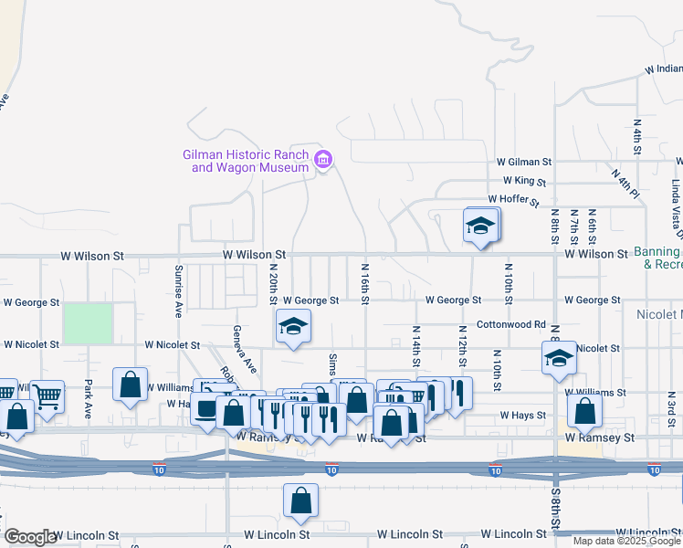 map of restaurants, bars, coffee shops, grocery stores, and more near 711 North 17th Street in Banning