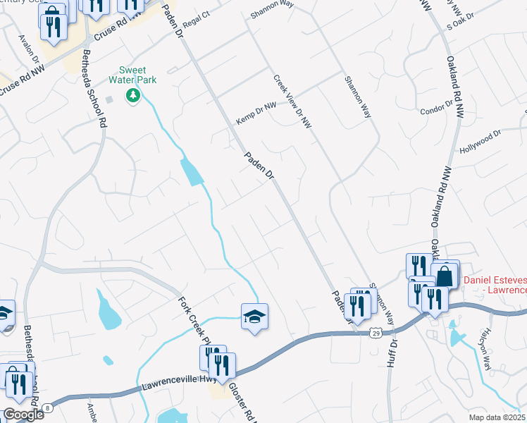 map of restaurants, bars, coffee shops, grocery stores, and more near 530 Roys Court in Lawrenceville