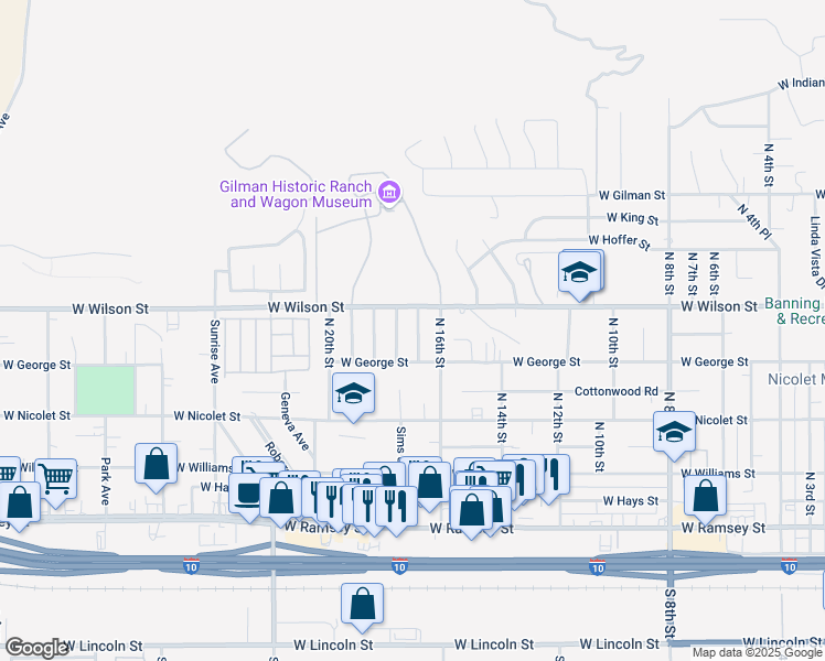 map of restaurants, bars, coffee shops, grocery stores, and more near 711 North 17th Street in Banning