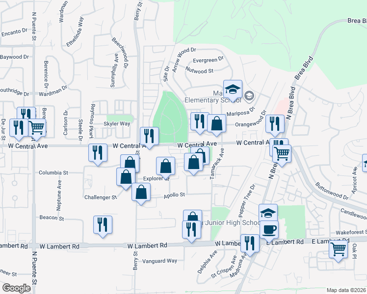 map of restaurants, bars, coffee shops, grocery stores, and more near 422 West Central Avenue in Brea