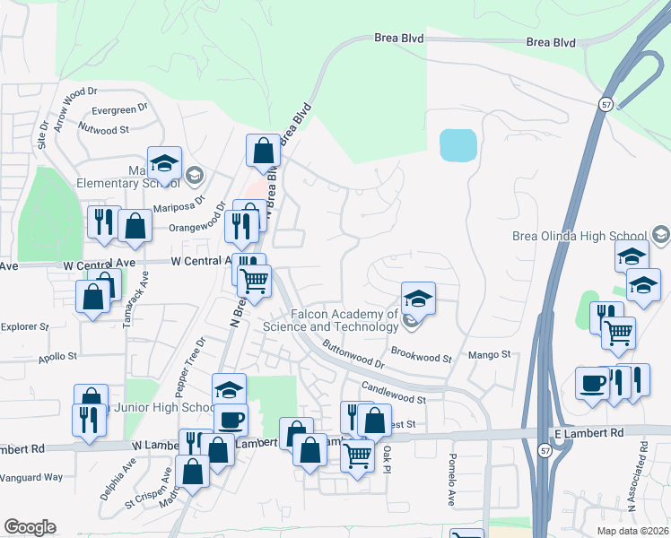 map of restaurants, bars, coffee shops, grocery stores, and more near 783 Driftwood Avenue in Brea