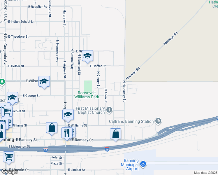 map of restaurants, bars, coffee shops, grocery stores, and more near 1423 Christie Street in Banning