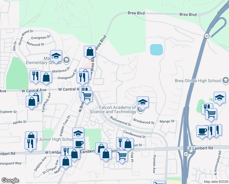 map of restaurants, bars, coffee shops, grocery stores, and more near 783 Driftwood Avenue in Brea
