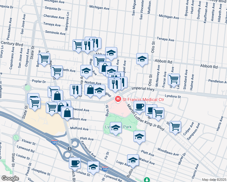 map of restaurants, bars, coffee shops, grocery stores, and more near 3615 East Imperial Highway in Lynwood