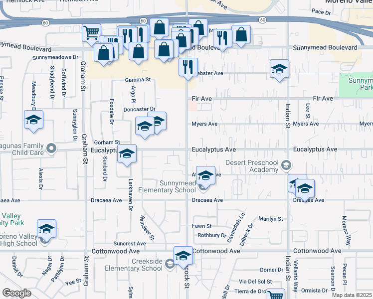 map of restaurants, bars, coffee shops, grocery stores, and more near Eucalyptus Ave & Heacock St in Moreno Valley