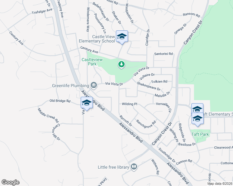 map of restaurants, bars, coffee shops, grocery stores, and more near 6544 Rycroft Drive in Riverside