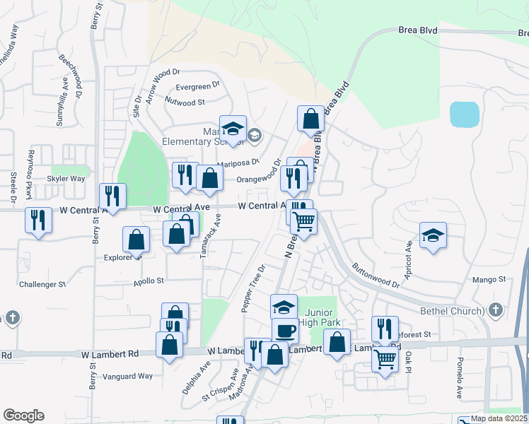 map of restaurants, bars, coffee shops, grocery stores, and more near 220 West Central Avenue in Brea