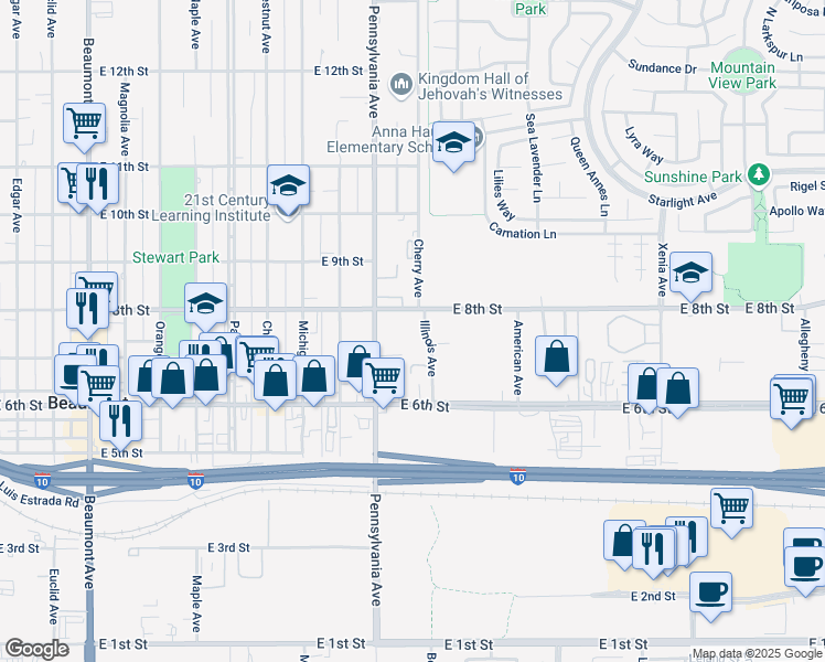 map of restaurants, bars, coffee shops, grocery stores, and more near 735 Illinois Avenue in Beaumont