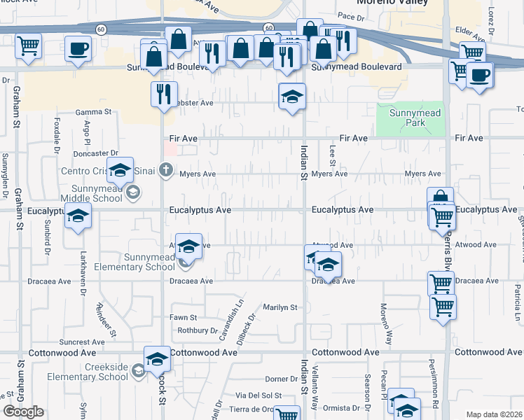 map of restaurants, bars, coffee shops, grocery stores, and more near 24411 Eucalyptus Avenue in Moreno Valley