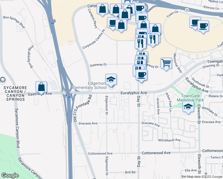 map of restaurants, bars, coffee shops, grocery stores, and more near 21825 Eucalyptus Avenue in Moreno Valley