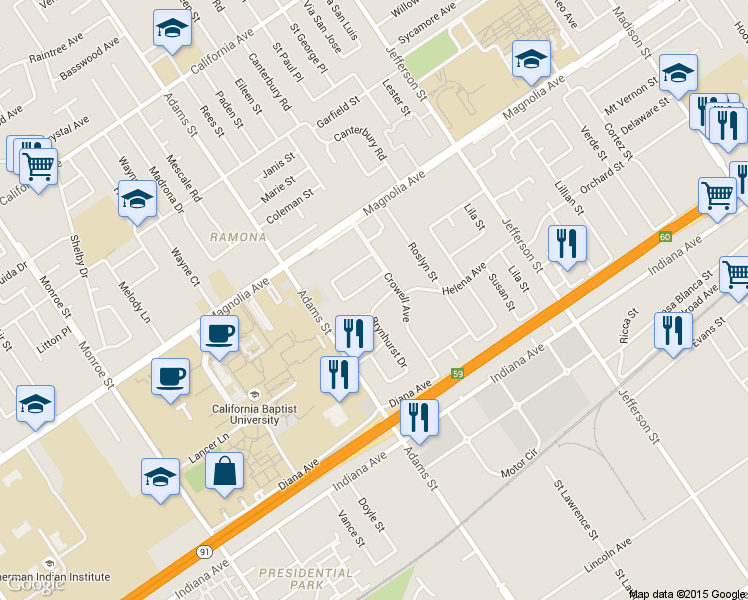 map of restaurants, bars, coffee shops, grocery stores, and more near 8198 Helena Avenue in Riverside