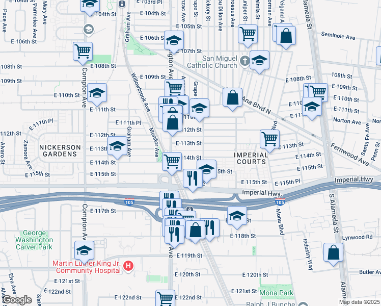 map of restaurants, bars, coffee shops, grocery stores, and more near 1944 East 114th Street in Los Angeles