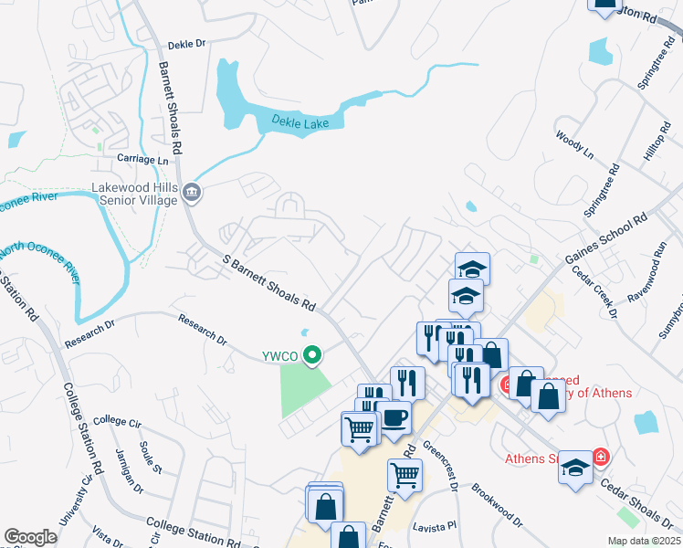 map of restaurants, bars, coffee shops, grocery stores, and more near 158 Park Ridge Place in Athens