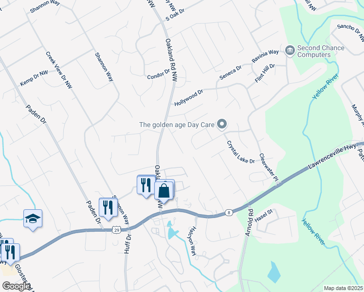 map of restaurants, bars, coffee shops, grocery stores, and more near 345 Oakland Place Drive in Lawrenceville