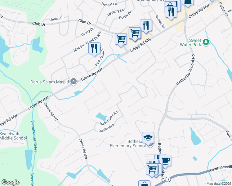 map of restaurants, bars, coffee shops, grocery stores, and more near 2920 Dunlin Lake Way in Lawrenceville