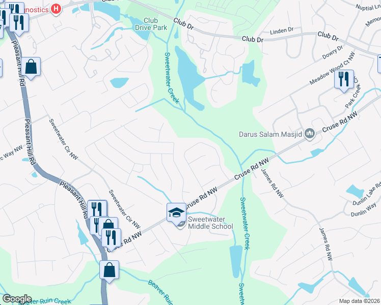 map of restaurants, bars, coffee shops, grocery stores, and more near 1268 Vintage Pointe Drive in Lawrenceville