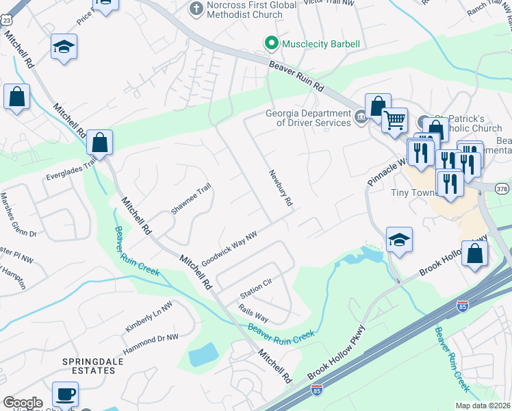 map of restaurants, bars, coffee shops, grocery stores, and more near 5427 Ashington Court in Norcross