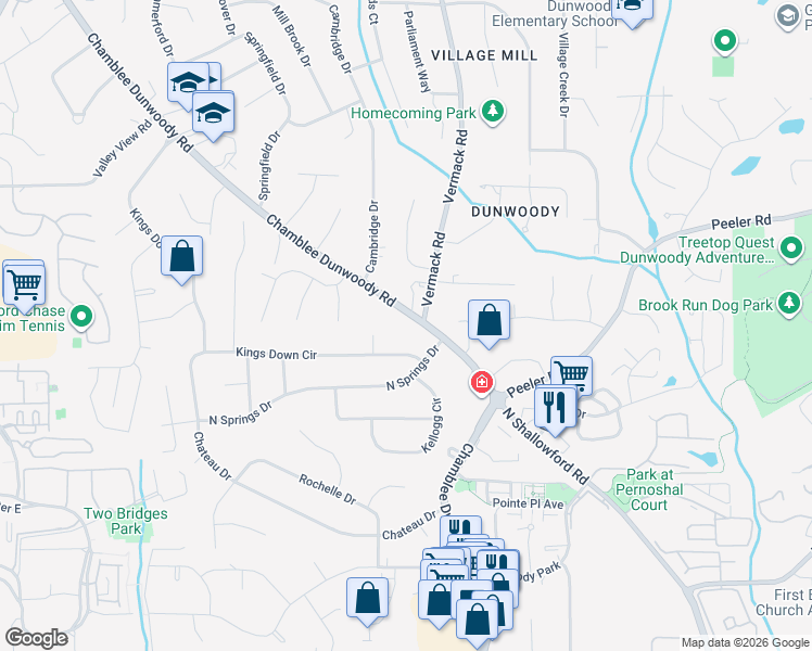 map of restaurants, bars, coffee shops, grocery stores, and more near 4609 Kings Down Court in Dunwoody