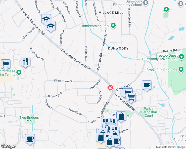 map of restaurants, bars, coffee shops, grocery stores, and more near 4609 Kings Down Court in Dunwoody
