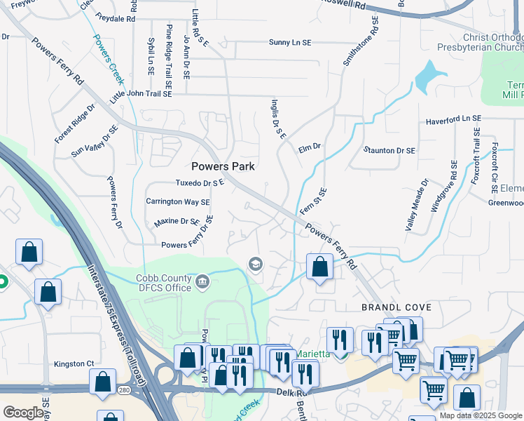 map of restaurants, bars, coffee shops, grocery stores, and more near 2087 Powers Ferry Trce Southeast in Marietta