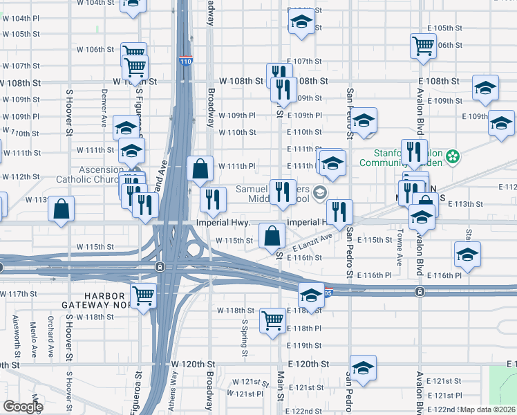 map of restaurants, bars, coffee shops, grocery stores, and more near 134 West 113th Street in Los Angeles