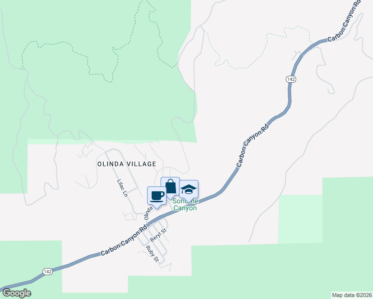 map of restaurants, bars, coffee shops, grocery stores, and more near 386 Olinda Drive in Brea