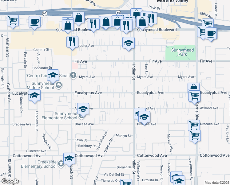 map of restaurants, bars, coffee shops, grocery stores, and more near 24411 Eucalyptus Avenue in Moreno Valley