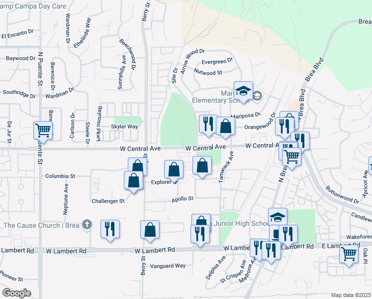map of restaurants, bars, coffee shops, grocery stores, and more near 426 West Central Avenue in Brea
