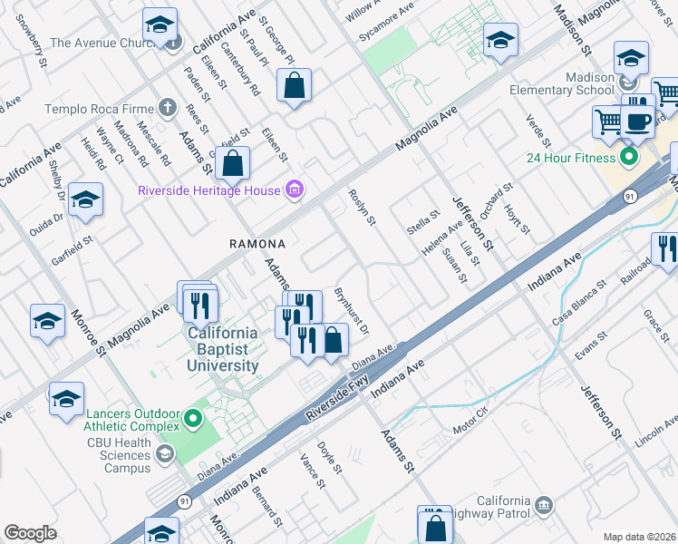 map of restaurants, bars, coffee shops, grocery stores, and more near 8198 Helena Avenue in Riverside