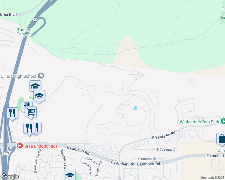 map of restaurants, bars, coffee shops, grocery stores, and more near 2538 Santa Paula Drive in Brea