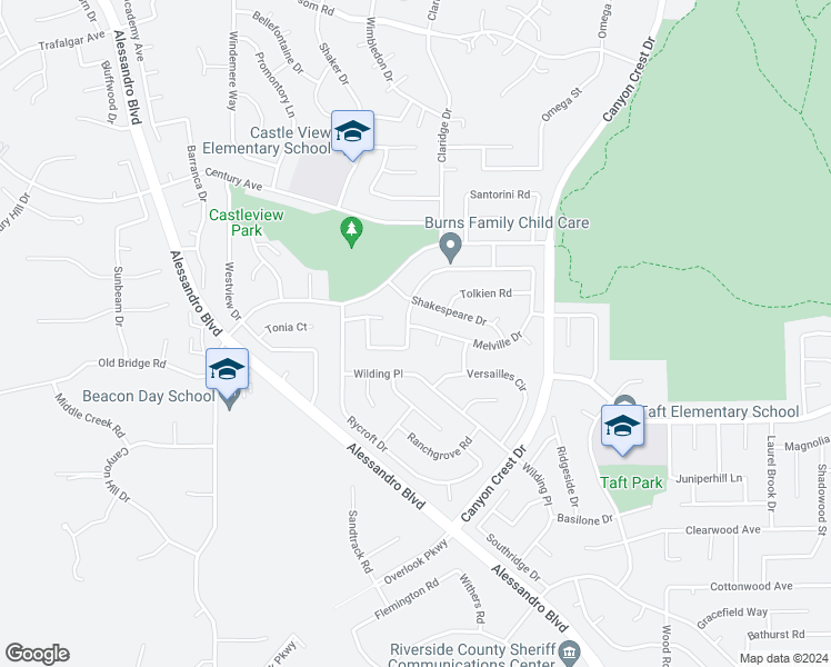map of restaurants, bars, coffee shops, grocery stores, and more near 1370 Voltaire Drive in Riverside
