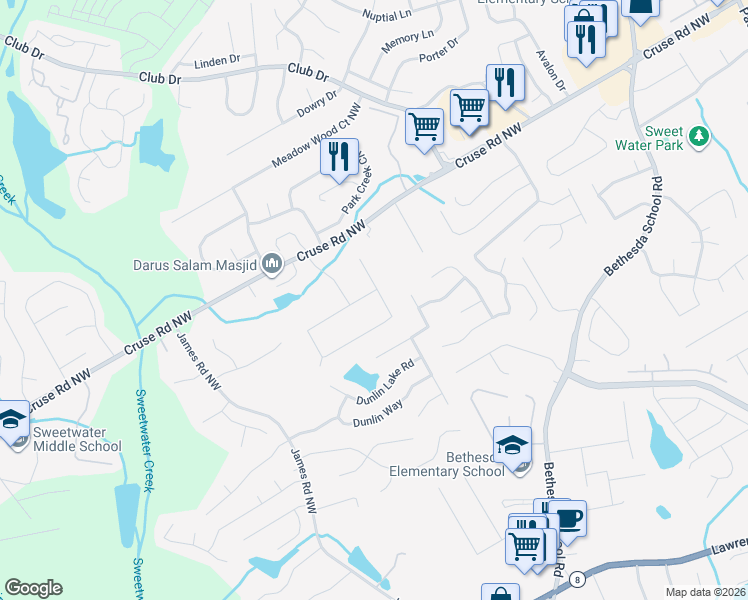 map of restaurants, bars, coffee shops, grocery stores, and more near 3142 Ferrite Loop Northwest in Lawrenceville