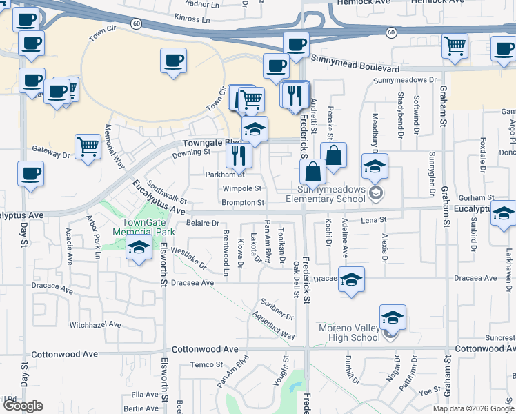 map of restaurants, bars, coffee shops, grocery stores, and more near 22841 Brompton Street in Moreno Valley