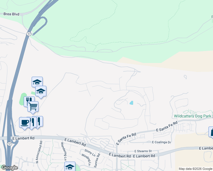 map of restaurants, bars, coffee shops, grocery stores, and more near 2498 Santa Paula Drive in Brea