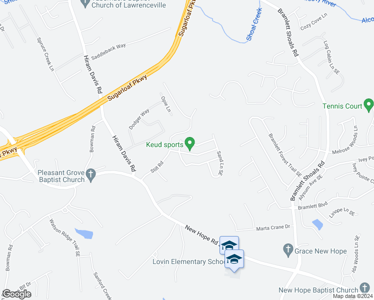 map of restaurants, bars, coffee shops, grocery stores, and more near 1420 Still Ridge Lane Southeast in Lawrenceville