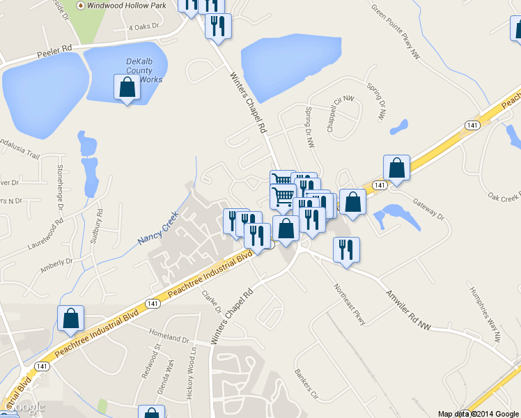 map of restaurants, bars, coffee shops, grocery stores, and more near 2924 Wintercrest Way in Dunwoody